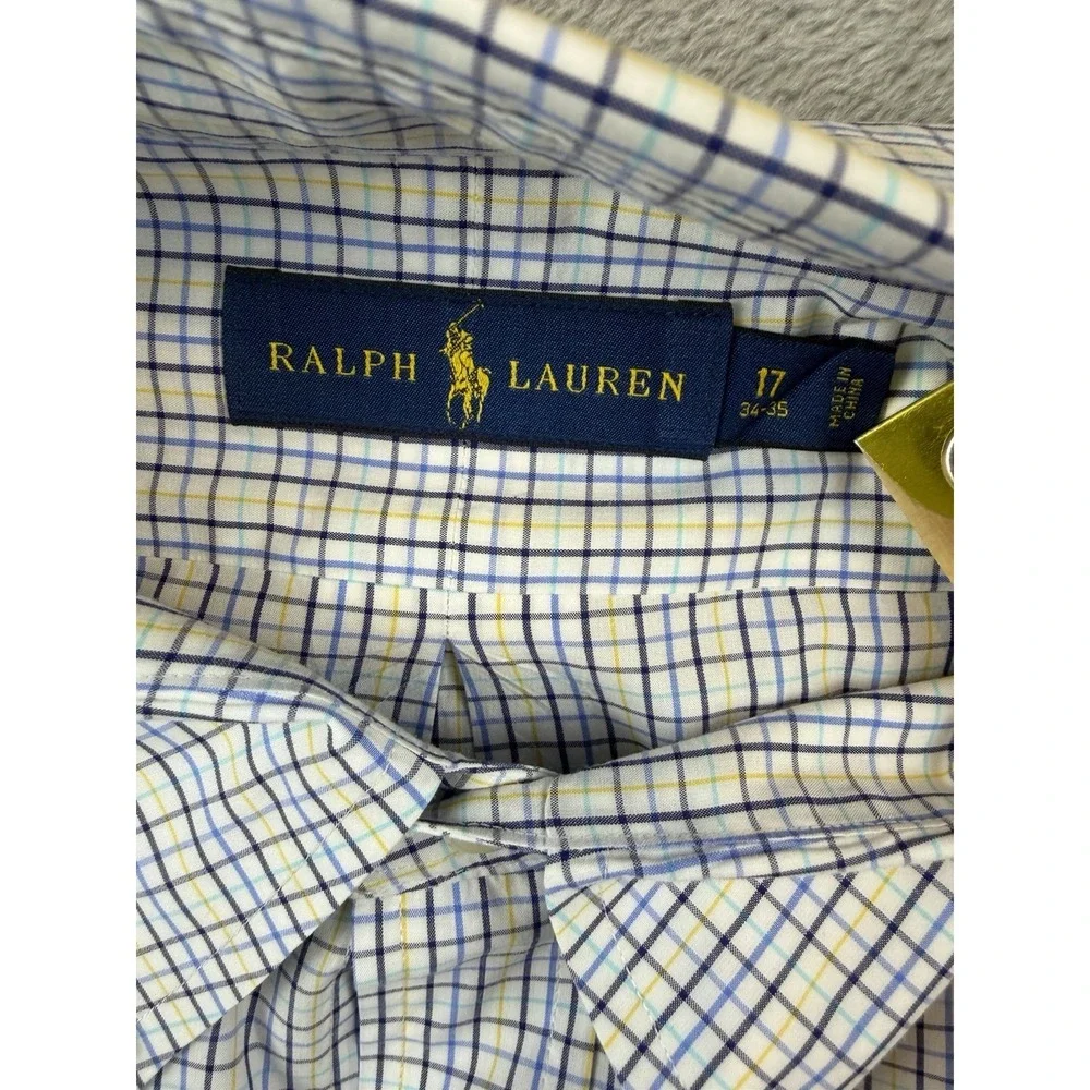 Polo Ralph Lauren Shirt Men 17 34/35 Yarmouth Classic Fit Blue Yellow Mini Check